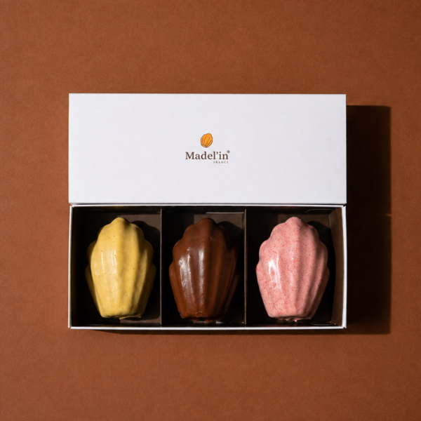 Coffret choco noisette, pistache, framboise Coffret madeleines